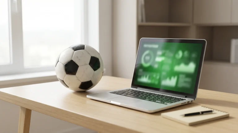Bet365 WK 2026 review met een laptop en voetbal op een bureau in een professionele sfeer