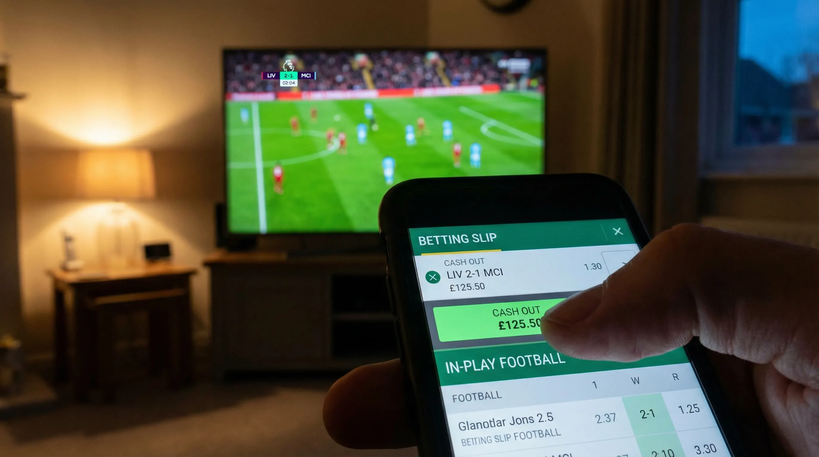 Cash out knop op een smartphone tijdens een WK voetbalwedstrijd