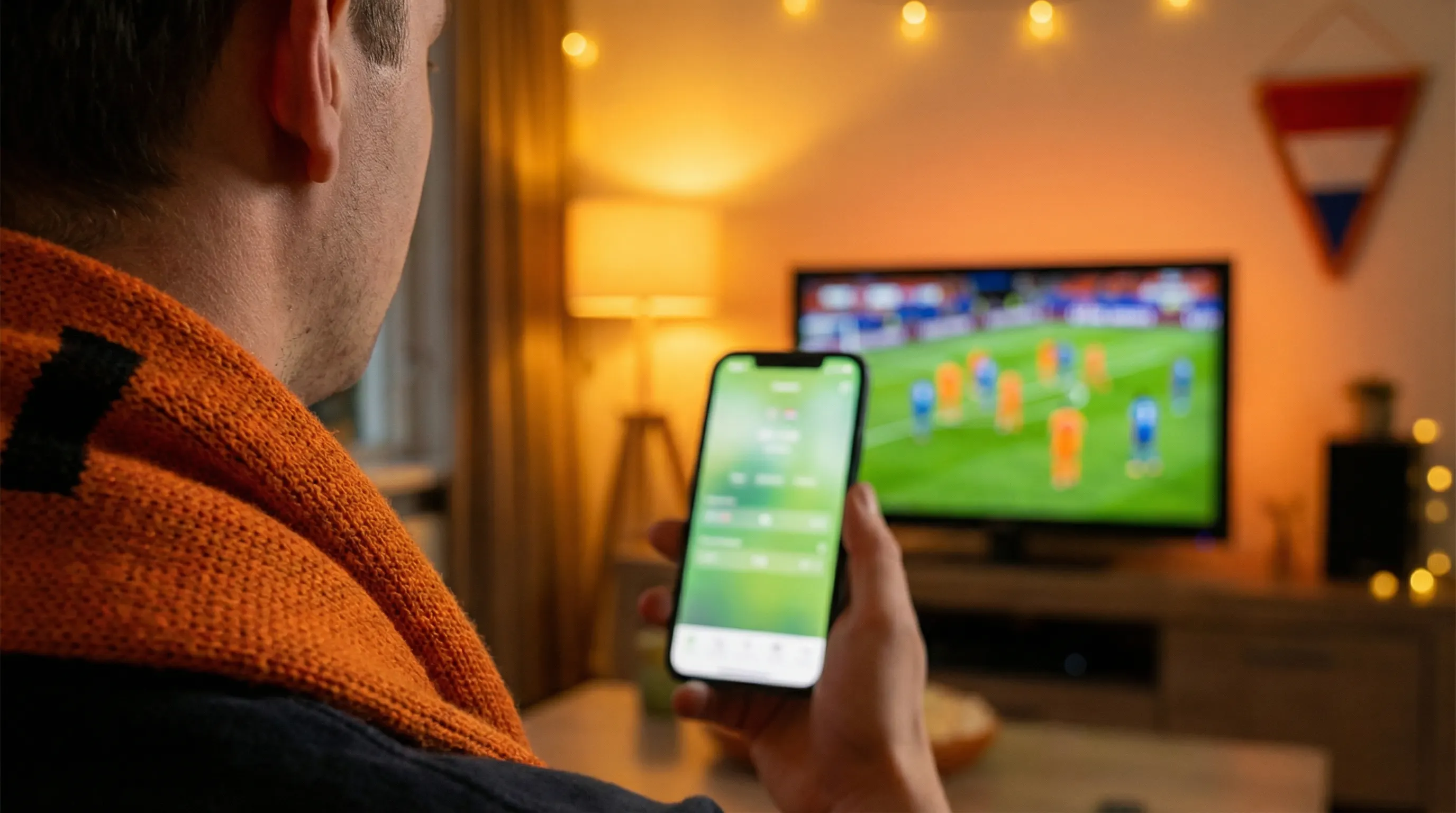 TOTO WK 2026 review met een smartphone waarop een voetbalwedstrijd wordt gevolgd in een oranje sfeer