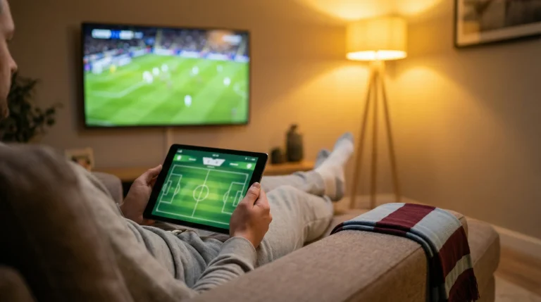 Unibet WK 2026 review met een voetbalfan die een wedstrijd bekijkt op een tablet in de woonkamer