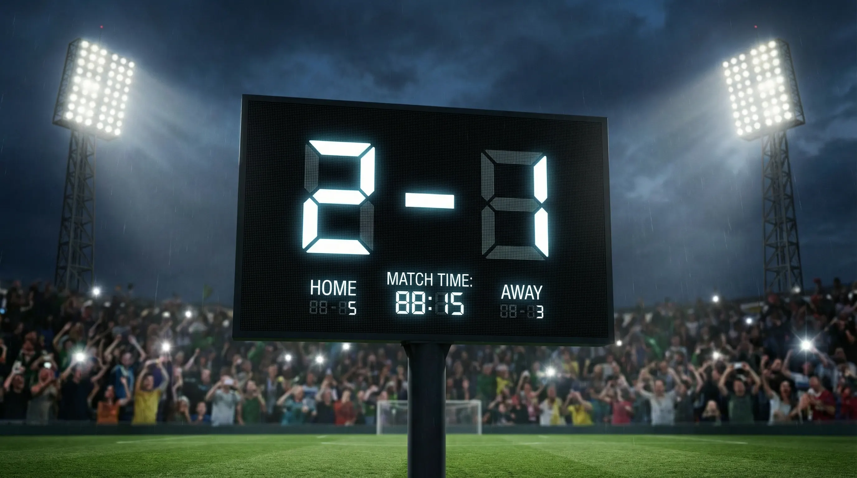 WK 2026 correct score wedden met een scorebord dat de eindstand 2-1 toont in een verlicht stadion