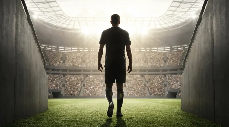 WK 2026 dark horse voetballer in de schaduw van het stadion klaar voor de verrassingswedstrijd