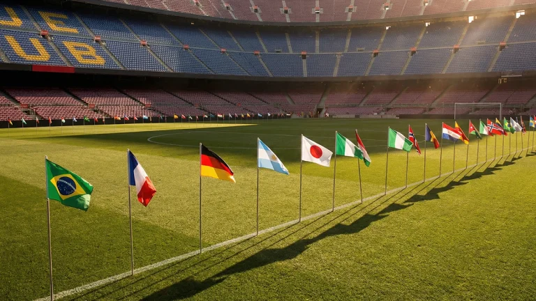 WK 2026 format met 48 landen — internationale vlaggen in een voetbalstadion