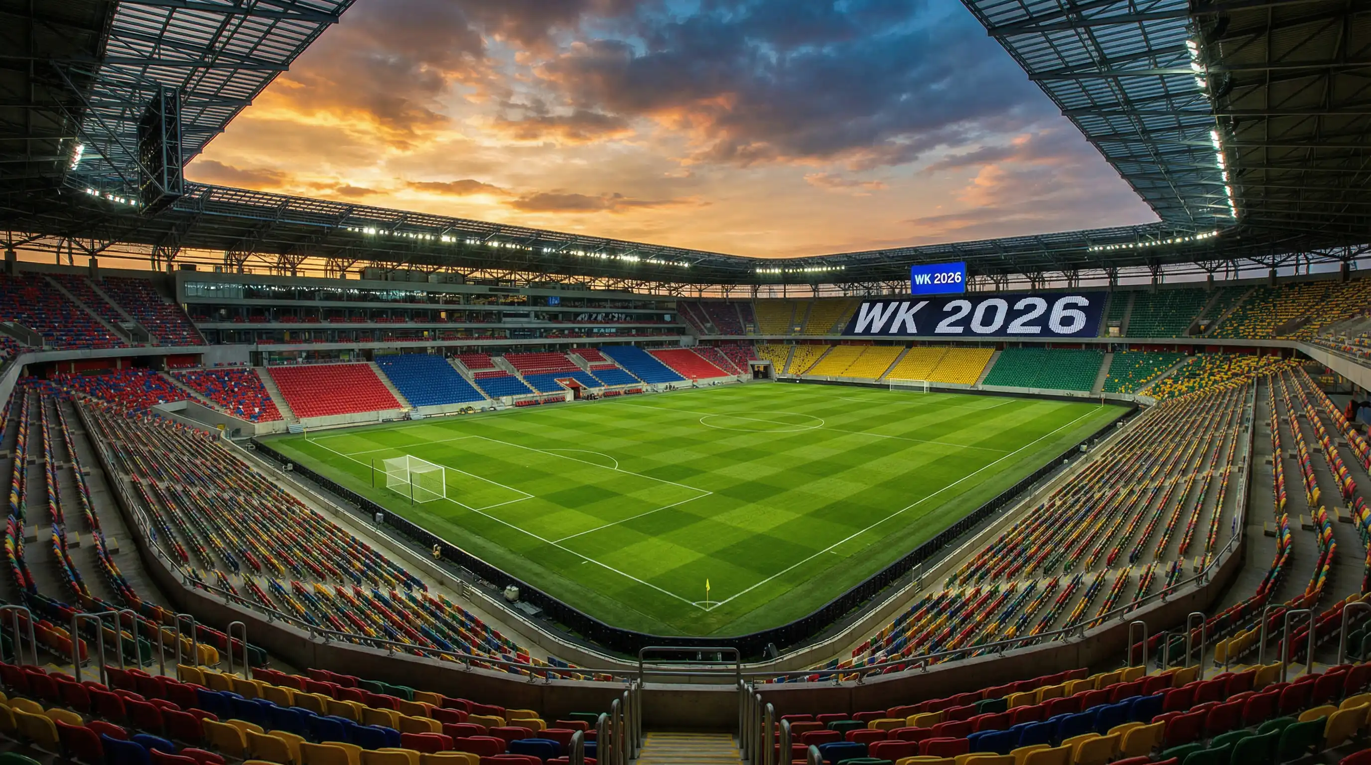 WK 2026 speelschema met voetbalstadion en scorebord in de avondzon