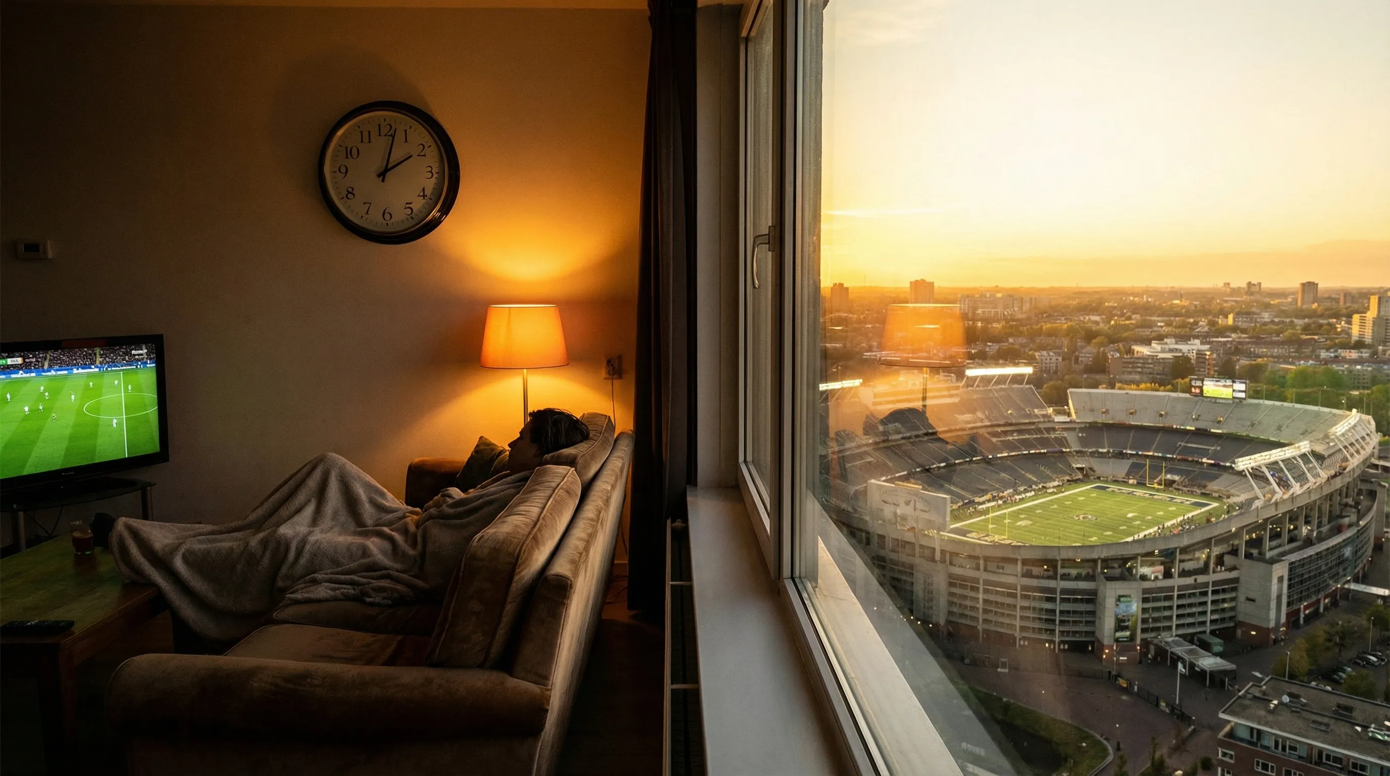 WK 2026 tijdsverschil — klok met nachtelijke skyline en voetbalstadion