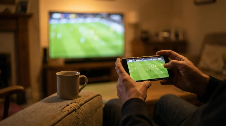 WK 2026 wedden via app op smartphone met voetbalstadion op de achtergrond